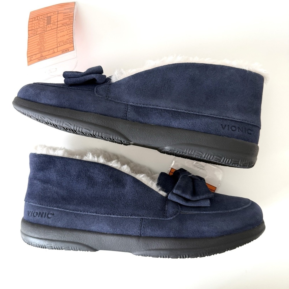 Vionic Lucile Suede Slippers Womens 7 Blue White Shearling Cozy Comfy Winter Bow - Picture 2 of 7